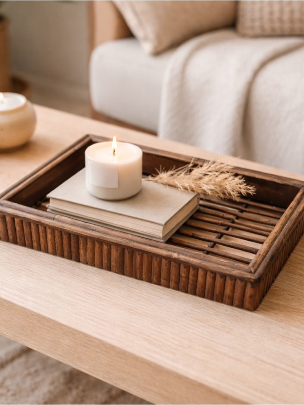Vintage Mid-Century tortoise shell Bamboo Slatted Tray Boho